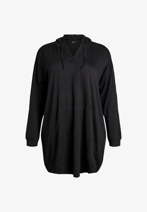 Sweat à capuche noir surdimensionné avec manches longues, encolure en V, capuche à cordons de serrage et poche kangourou à l'avant, fabriqué en tissu doux.