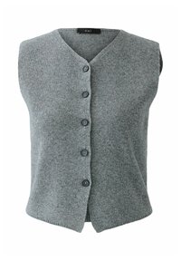 Grauer gestrickter Weste mit V-Ausschnitt, ärmellosem Design, fünf schwarzen Knöpfen auf der Vorderseite und einem leicht abgerundeten Saum am Boden.