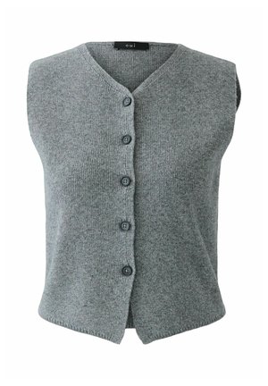 Grauer gestrickter Weste mit V-Ausschnitt, ärmellosem Design, fünf schwarzen Knöpfen auf der Vorderseite und einem leicht abgerundeten Saum am Boden.