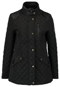 Veste matelassée noire avec des accents en cuir, col haut, boutons-pression et deux poches avant. Comprend une poche poitrine zippée et un motif texturé.