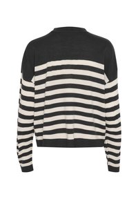 Schwarzer und cremefarbener gestreifter Strickpullover mit langen Ärmeln und Rundhalsausschnitt. Ribbed Saum endet auf Taillenhöhe und hat ein lässiges Fit-Design.