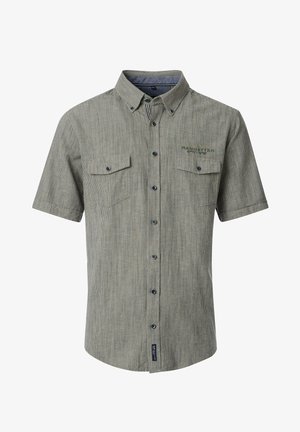 Kurzärmeliges, knöpfbares Hemd in grün-grau mit einem vertikalen Streifenmuster, zwei Brusttaschen und dunkelblauen Knöpfen. Mit einem kontrastierenden Kragen.