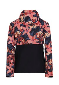 Hoodie met grote roze en rode bloemendruk op het bovenste deel en de mouwen, effen zwarte onderkant, gezien van achteren.