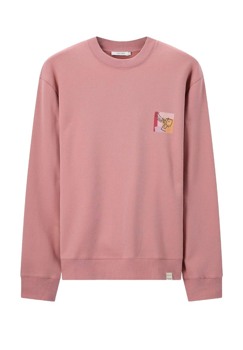 Sweatshirt long à manches en rose poussiéreux avec col rond et petit patch en art linéaire abstrait sur la zone du poignet gauche.