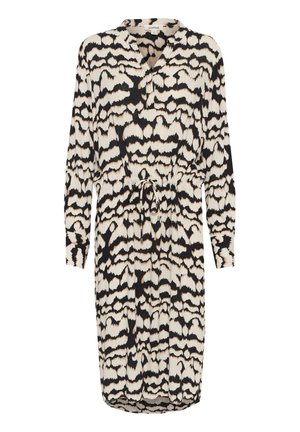 Kratka obleka z dolgimi rokavi in zavitimi dekoltejem, z zategnjenim pasom in nepravilnim črno-bež vzorcem na lahkem materialu.