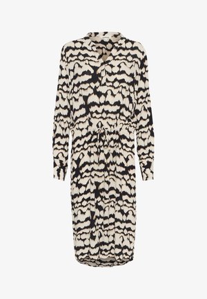 Langærmet kjole med v-udskæring, indsnævret talje og uregelmæssigt sort og beige mønster på letvægtsstof.