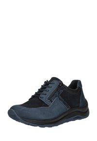 Blaues Wildleder- und Textilsneaker mit schwarzen Akzenten. Verfügt über Schnürsenkel und einen seitlichen Reißverschluss. Gepolsterte Sohle und runde Zehenform.