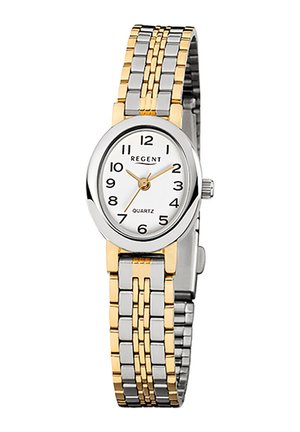 Quartz watch with an oval silver dial, black Arabic numerals, and gold accents. It has a two-tone metal bracelet featuring alternating links.