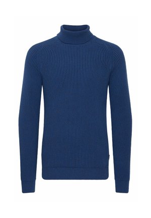 Mornarska rebrasta turtleneck pulover s dolgimi rokavi, z ozkim ovratnikom in teksturiranim pletenjem.