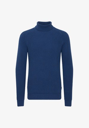 Jūras spēku zila šūnveida turtlenecks džemperis ar garām piedurknēm, ar cieši pieguļošu apkakli un teksturētu adījuma dizainu.