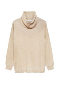 Beżowy, oversize'owy sweter z kapturem typu komin, długie rękawy i prążkowane wykończenia przy dekolcie i u dołu. Miękka dzianinowa faktura.