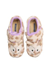 Zapatillas de búho en tonos marrón y crema, fabricadas con material de felpa suave y con detalles en púrpura. Presentan grandes ojos, orejas texturizadas y una forma redondeada.