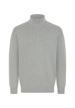 Felpa grigia con colletto a mezza zip, polsini e fondo a costine, realizzata in tessuto a maglia testurizzato. Design semplice senza motivi o dettagli.