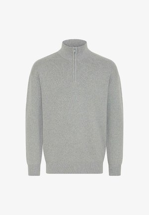 Felpa grigia con colletto a mezza zip, polsini e fondo a costine, realizzata in tessuto a maglia testurizzato. Design semplice senza motivi o dettagli.