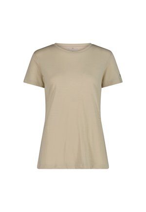 T-shirt beige a maniche corte con scollo a girocollo, taglio aderente e logo discreto sulla manica sinistra su sfondo bianco.
