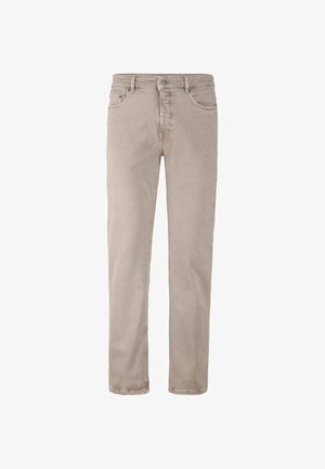 Beige Denim-Jeans mit geradem Schnitt, Fronttaschen und einem Reißverschluss mit Knopfverschluss. Einfaches Design mit minimalem Dekor.