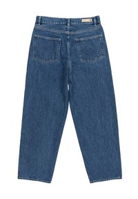 Blue denim jeans with a relaxed fit, five-pocket design, visible stitching, and a high waist, featuring a smooth texture and straight legs.