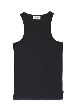 Zwart mouwloos hemd met ronde halslijn en klein wit merkje aan de binnenkant van de kraag en een label aan de onderzijde van de zoom.