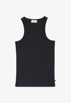 Čierny tielkový top bez rukávov s okrúhlym výstrihom a malou bielou značkou značky vo vnútri goliera a štítkom na dolnom bočnom šve.