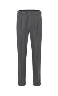 Graue maßgeschneiderte Hose aus strukturiertem Stoff, mit gefaltetem Vorderteil und umgeschlagenen Säumen. Sie verfügt über einen Knopfverschluss und einen klassischen Schnitt.