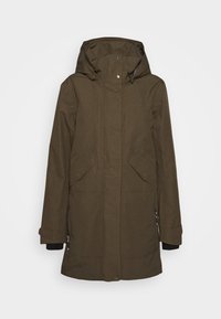 Manteau d'hiver olive vert à capuche avec poches à rabat à l'avant, fermetures éclair et boutons-pression, manches longues et poignets prolongés avec doublure intérieure.