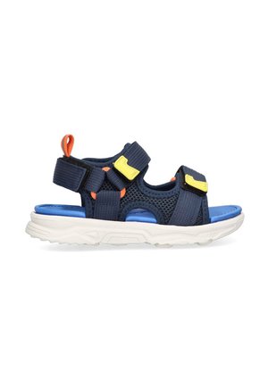 Sandalia deportiva azul marino con correas ajustables, acentos amarillos y naranjas, parte superior de malla transpirable y suela de caucho blanca.