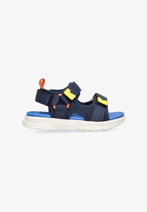 Sandalia deportiva azul marino con correas ajustables, acentos amarillos y naranjas, parte superior de malla transpirable y suela de caucho blanca.