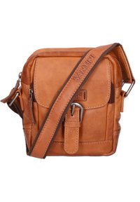 Borsa a tracolla in pelle marrone con chiusura a zip, tracolla regolabile, tasca frontale e branding discreto. Presenta una texture liscia.