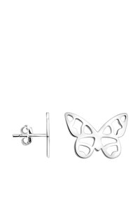 Silberne Ohrstecker in Form eines Schmetterlings mit Ausschnittdesign. Verfügt über eine einzelne Stiftbefestigung und eine glatte Oberfläche. Polierte Oberfläche, leichtes Material.