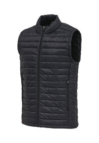 Schwarze gesteppte ärmellose Weste mit Frontreißverschluss und Reißverschlusstaschen an den Seiten, Stehkragen, wattiert für Wärme.