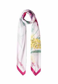 Silke tørklæde med et blomstermotiv i pastelfarver, primært hvidt med gule og pink accenter, dekoreret med en pink kant i enderne.