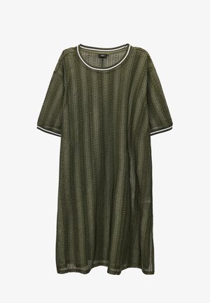 Alyvučių žalia tinklinė suknelė su laisvu siluetu, trumpomis rankovėmis ir apykakle su apvali idioma, su baltais akcentais ant apykaklės ir rankovių.