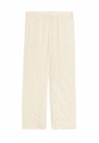 Světlé krémové kalhoty s texturovanou, žebrovanou tkaninou. Elastický pas a široké, rovné nohavice. Jednoduchý a minimalistický design.