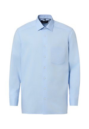 Jasnoniebieska męska koszula wizytowa z długim rękawem, zapinana z przodu na guziki, z pojedynczą kieszenią na piersi oraz wzorzystą podszewką wewnętrznego kołnierzyka.