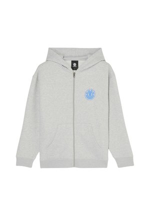 Lichtgrijze zip-up hoodie met voorzakken en een klein blauw rond logo op de linkerborst. Capuchon bevestigd en lange mouwen met manchetten.