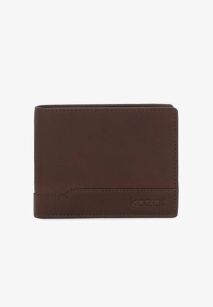 Braune Lederbörse mit glatter Oberfläche, ausgestattet mit einer dezenten Logo-Prägung und einem klaren, minimalistischen Design. Kompakte rechteckige Form.