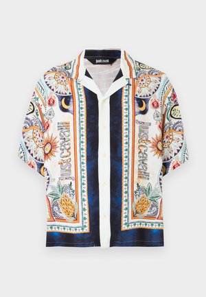 Rövid ujjú, gombolós ing színes nap, hold, ananász mintákkal és "Just Cavalli" felirattal fehér és tengerészkék alapon.