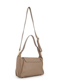 Brown leather handbag with a structured shape, adjustable shoulder strap, gold-tone hardware, and a flap closure on the front.
