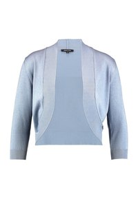 Ljusblåt kort cardigan med en slät stickad yta, öppen framsida, långa ärmar och en subtil lyster på tyget.