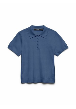 Polo met korte mouwen van donkerblauwe gebreide stof. Voorzien van een klassieke kraag, een knoopsluiting met vijf knopen en een geribde zoom. Soepele textuur, minimalistisch ontwerp.