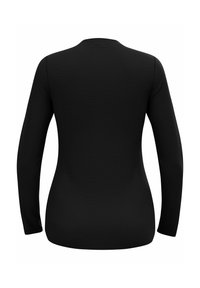 Black long-sleeve top with a rounded neckline, fitted design, and soft texture. Seam details along sleeves and body for structure.