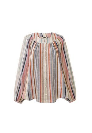 Camicia a maniche lunghe con bottoni, a righe verticali beige, arancioni, blu, rosa e marroni, caratterizzata da una scollatura rotonda e dettagli di tessuto arricciato.