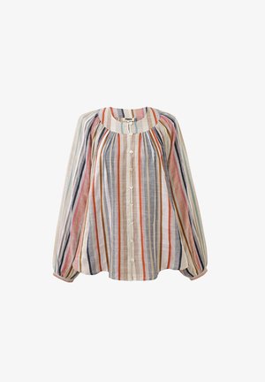 Long-sleeve, button-down blouse with vertical stripes in beige, orange, blue, pink, and brown, featuring a round neckline and gathered fabric details.