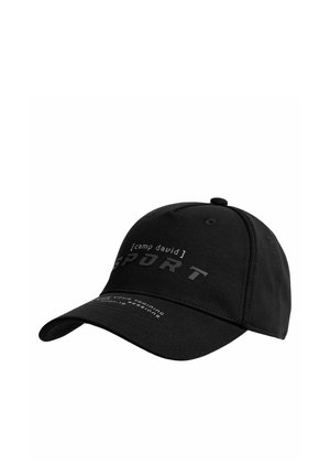 Black sports cap with curved brim featuring text "camp david SPORT" and smaller training session text on the front panel and brim.