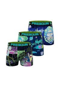 Ensemble de trois boxers présentant des designs graphiques colorés avec des personnages de dessin animé, base noire et ceinture élastique verte avec logo.