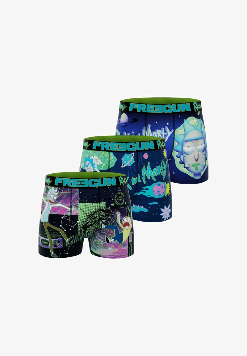 Ensemble de trois boxers présentant des designs graphiques colorés avec des personnages de dessin animé, base noire et ceinture élastique verte avec logo.