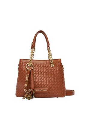 Bruine geweven leren Valentino handtas met gouden kettinghengsels, merkembleem en decoratieve kwastjes met kleine belletjes.