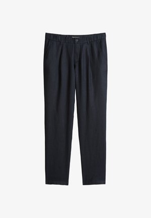 Black straight-leg trousers with belt loops, front button, zipper closure, and side pockets, displayed against a white background.