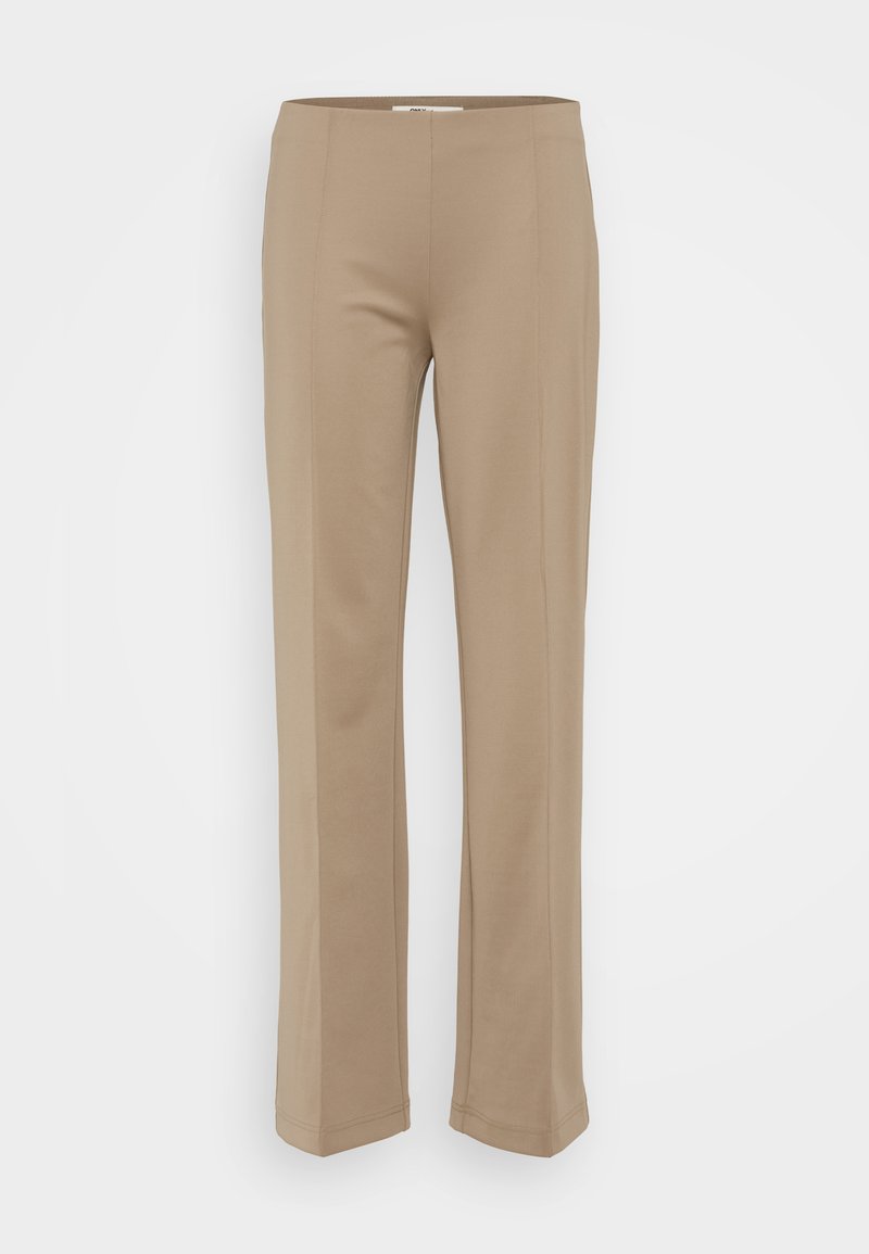 Beige, maßgeschneiderte Hosen mit geraden Beinen. Hergestellt aus einem weichen Stoff, mit sichtbaren Nahtdetails und einem glatten Bund.