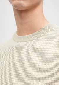 Beiger, strukturiert gestrickter Pullover mit geripptem Rundhalsausschnitt. Der Stoff zeigt ein dezentes vertikales Muster und hat ein weiches, atmungsaktives Erscheinungsbild.